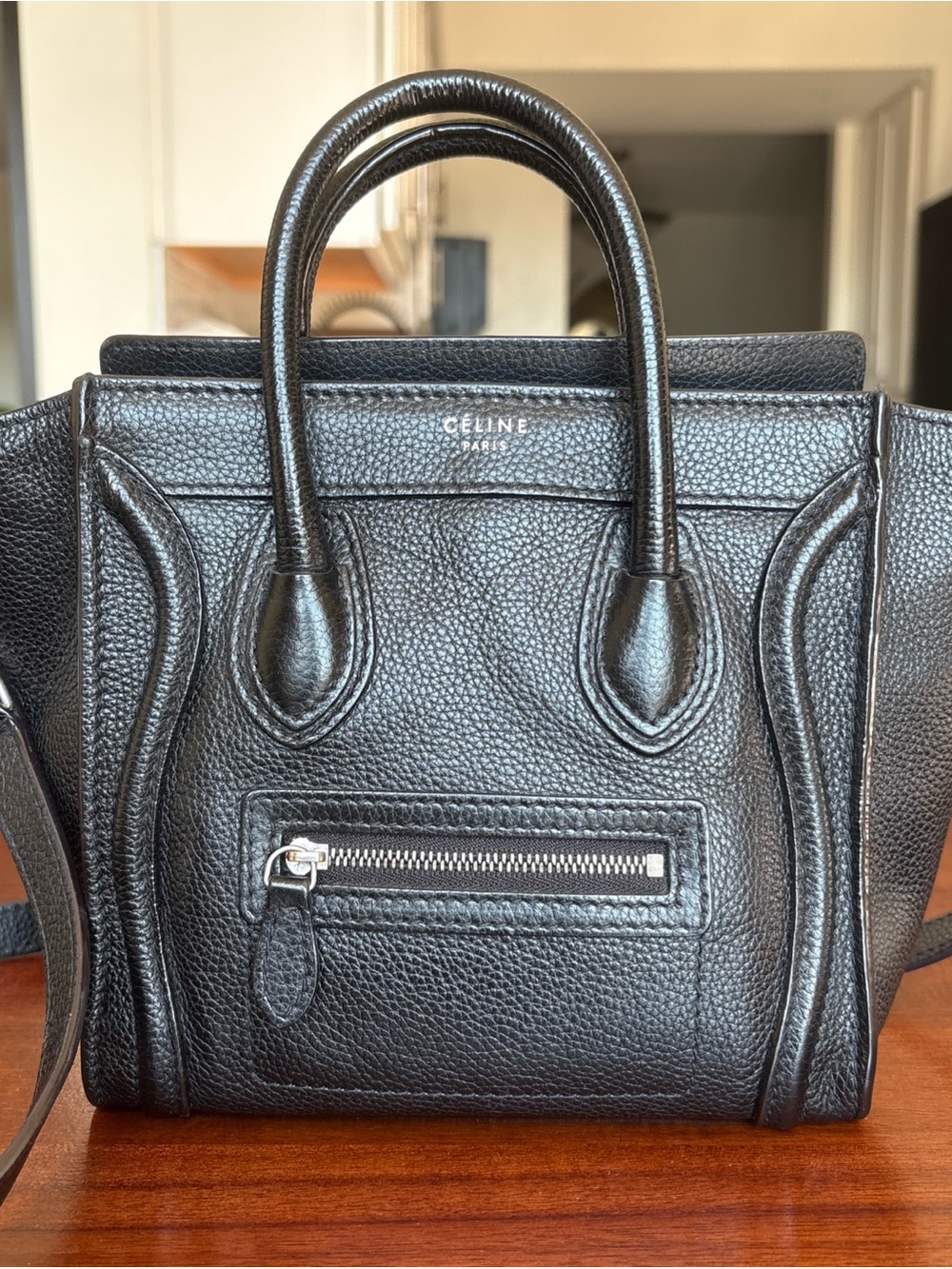 Celine Nano Luggage Bag in Black Structured Calfskin Leather
